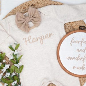Personalized oatmeal and beige vintage stitch romper with bow or hat, custom gender neutral coming home outfit, baby shower gift