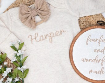 Personalized Embroidered Baby Romper: Oatmeal Vintage Stitch Outfit