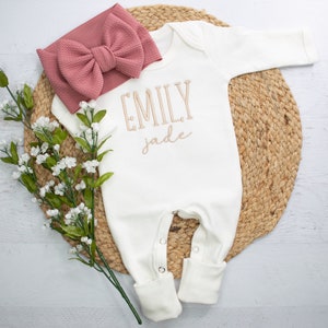Personalized White and Tan baby embroidered romper with matching headwrap, Newborn outfit, Neutral baby coming home outfit, neutral baby fit