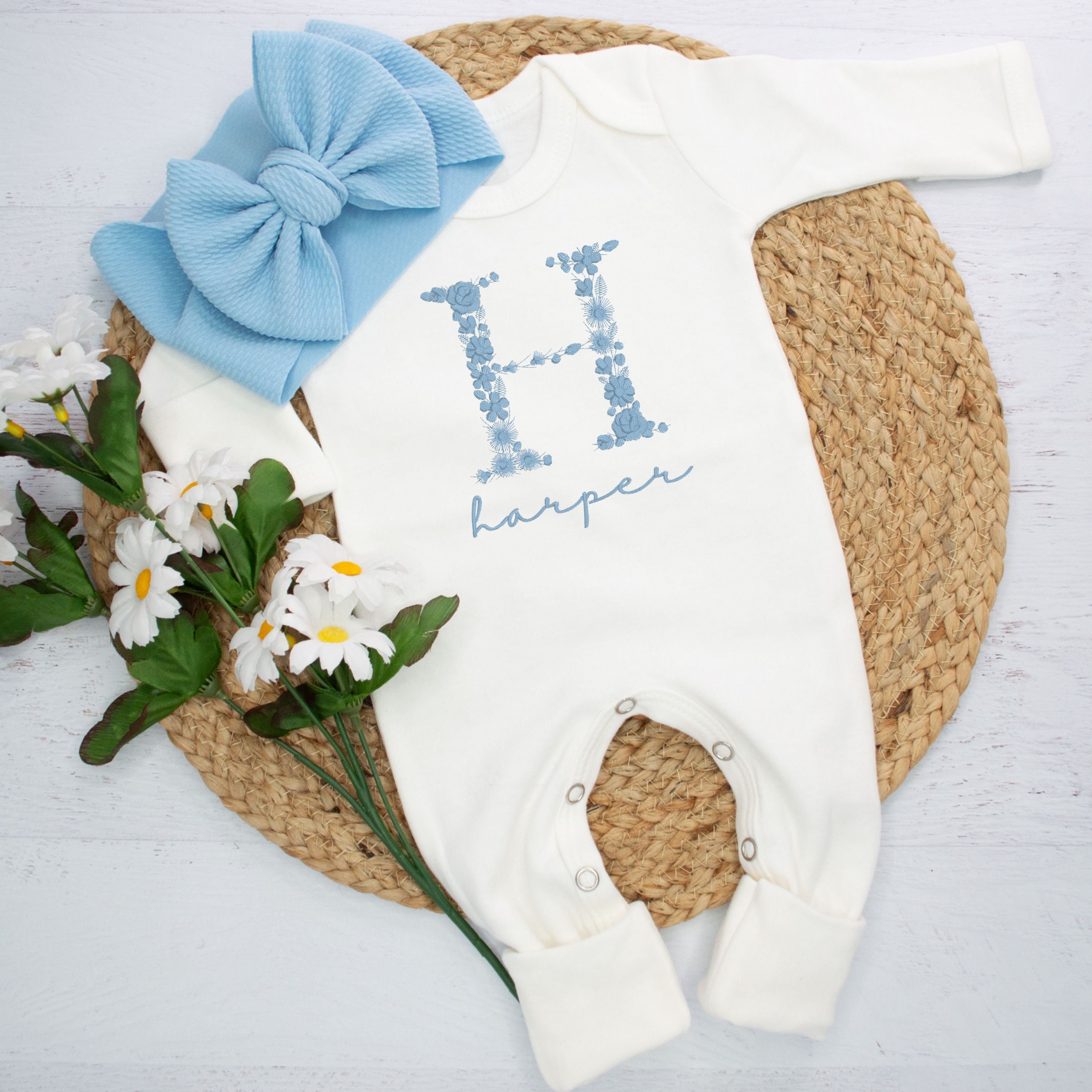 Personalized white and baby blue, baby girl floral romper with headband, Newborn outfit, custom girl coming home outfit, baby shower gift