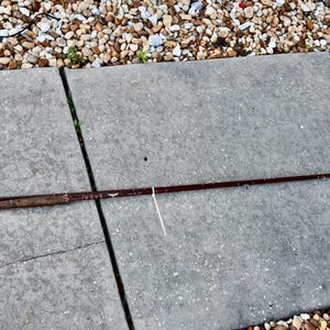 May include: A brown and black fishing rod with a white string attached to it. The rod is lying on a gray concrete surface.