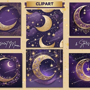 Crescent Moon and Stars CLIPART, Mystical, Mystical Art, Whimsical Celestial Pintables, Instant Digital Download