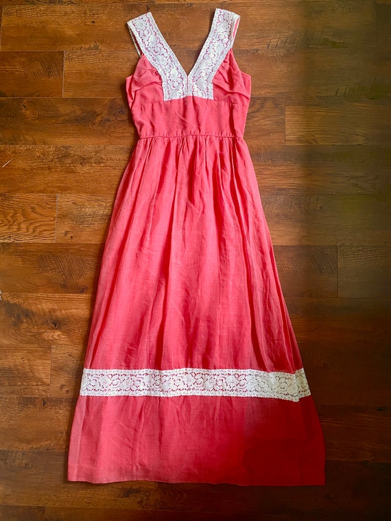 1970s Coco of California Pink Cotton Lace Maxi dre