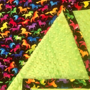 Nap Mat Cover with blanket, Kinder Pre-School Kindergarten daycare sleep mat, bright unicorns on black lime minky dot blanket, READY to Ship