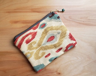 Ikat Leather Clutch| Herringbone| leather purse | Bright robins egg blue lining/ Zipper clutch| metallic