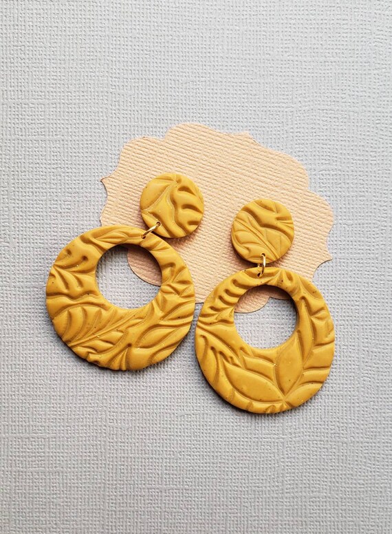 Mustard clay statement earrings/ Lightweight 18kt gold plated floral earrings/ Hypoallergenic nickle free earrings/ Izzy collection