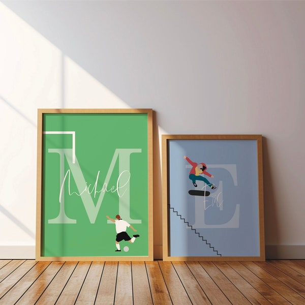 Namensbild mit Sport Motiven, Kinderzimmer, personalisiert, individuell, Buchstaben, Sportposter, Geburtsposter, Namensschild, Namensposter