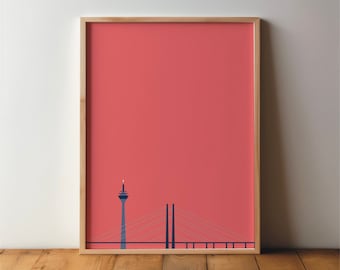 Düsseldorf Rheinturm + Rheinkniebrücke Poster - Art, Print, Minimal, Modern, Wall Art, Travel, City, Home, Vacation, DIN A4, A3, Large