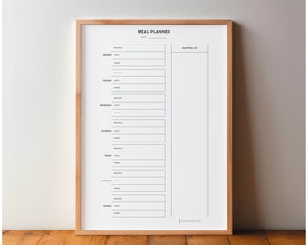 May include: A white printable meal planner with a black frame. The planner includes a section for a weekly shopping list and a section for each day of the week with spaces for breakfast, lunch, and dinner.