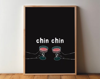 Chin Chin Poster - schwarz weiß, Wanddekoration, Küche, Poster, Druck, Bild, Deko, Druck, minimalistisch, groß, Prost, Set, A4, A3