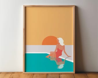 Woman by the Pool Illustration - Pool Picture Art Print Decor Minimal Modern Wall Art Vacation Travel A4 A3 A2 Large