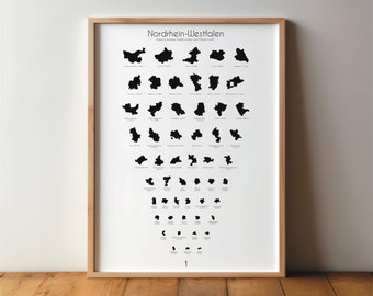 North Rhine-Westphalia district and city poster - art, print, picture, poster, black & white, minimal, wall art, home, travel, map, large