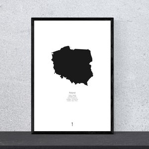 Poland Country Poster Art, Print, Poster, minimal, modern, Wall art, Vacation, Travel, black and white, Map, Map, DIN A4, Pop Art image 1