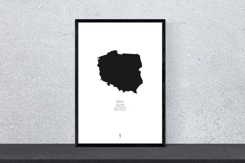 Poland Country Poster Art, Print, Poster, minimal, modern, Wall art, Vacation, Travel, black and white, Map, Map, DIN A4, Pop Art image 1