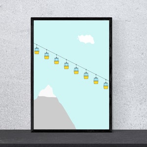 Póster de viaje "Montaña con góndolas" - Arte, Impresión, Minimalista, Moderno, Arte mural, Montañas, Senderismo, Hogar, Vacaciones, DIN A4, Arte pop