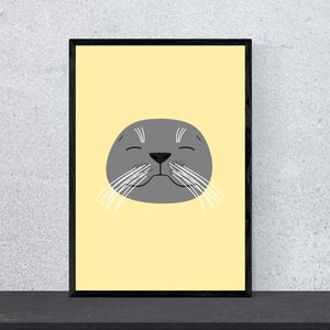 Póster de cabeza de foca - Arte, impresión, minimalista, moderno, arte mural, infantil, guardería, animales, safari, zoológico, A4, arte pop