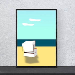 Póster de silla de playa: arte, impresión, minimalista, moderno, arte mural, naturaleza, hogar, vacaciones, mar, marítimo, DIN A4, pop art, marítimo, moin, ahoy