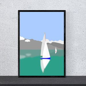 Póster de lago con montañas y barcos: arte, impresión, minimalista, moderno, arte mural, naturaleza, hogar, vacaciones, DIN A4, pop art, marítimo, moin, ahoy