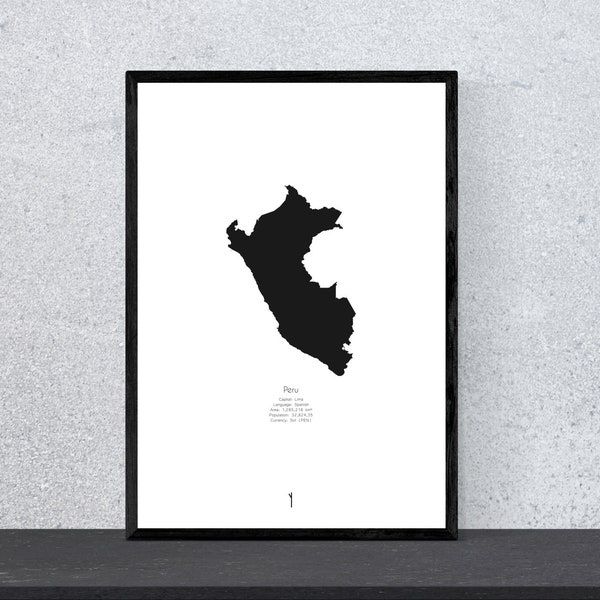 Peru Länderposter - Kunst, Druck, Poster, minimal, modern, Wandkunst, Urlaub, Reise, schwarz weiß, Karte, Landkarte, DIN A4, Pop Art