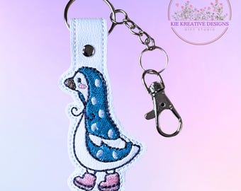 Embroidered Goose Keychain: Cottagecore Duck Key Ring with Bonnet