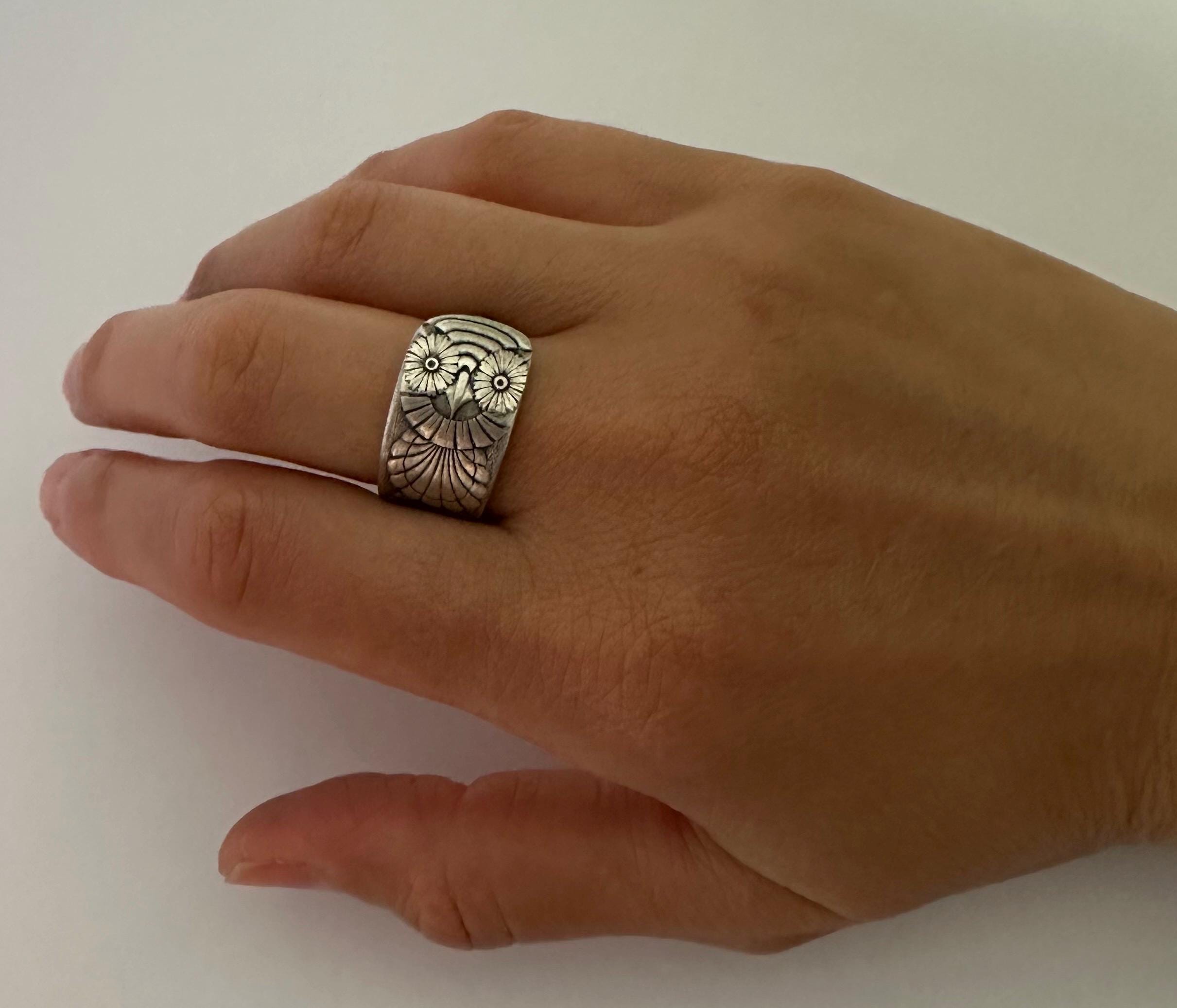 1892 Owl Silverplate upcycled silverware spoon ring