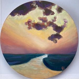 Small Original Oil Painting,Small Circle Art, Small Circle Painting, Tiny Circle art, Clouds, Storms, Lowcountry, Marsh, Marsh Art