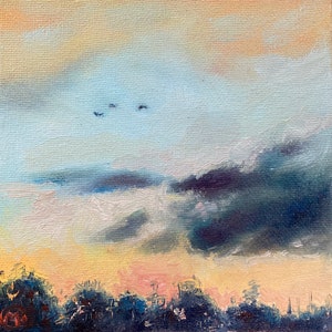 Original Oil Painting, Small Oil Landscape, Painting of sunset, cloudy skies, birds, painting of clouds, sunset art, sunrise art.