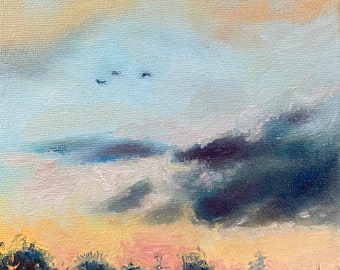 Original Oil Painting, Small Oil Landscape, Painting of sunset, cloudy skies, birds, painting of clouds, sunset art, sunrise art.