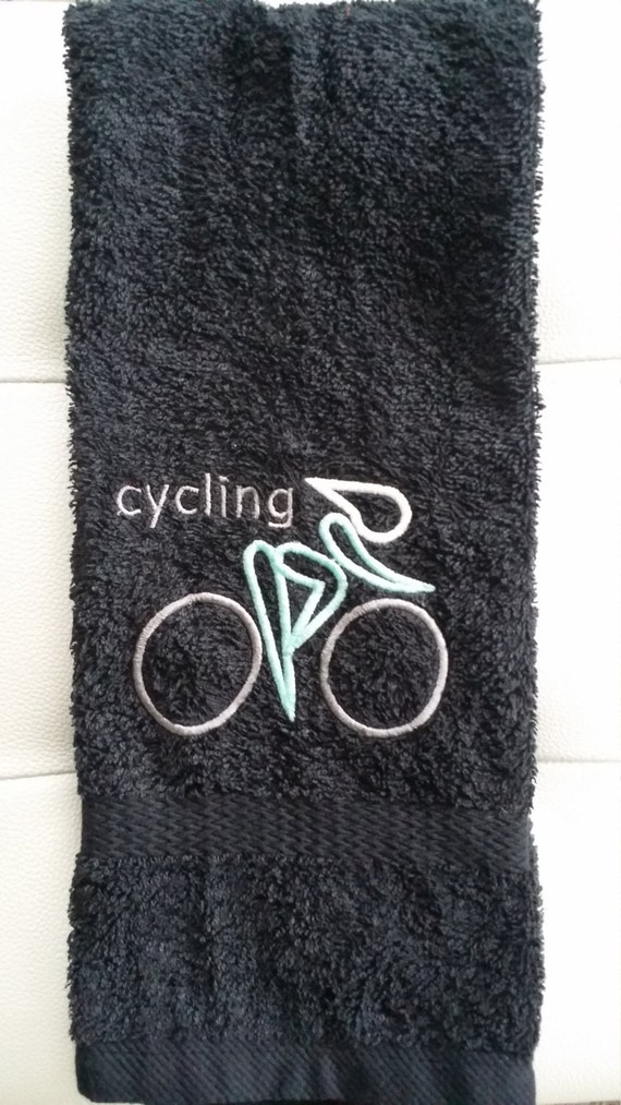 Items similar to Cycling embroidered gym towel in black. 15x28 in