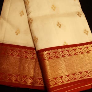White Kanjeevaram Silk Saree: Golden Maroon Zari Work, Handloom