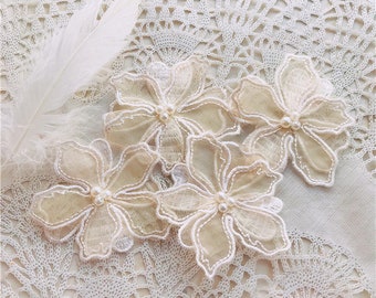 Flower Lace Applique 10pcs Ivory Beige Beaded Organza Embroidery Floral Patches for Dress Sweater Clothes Decoration 6cm 2.36" Wide L14F26