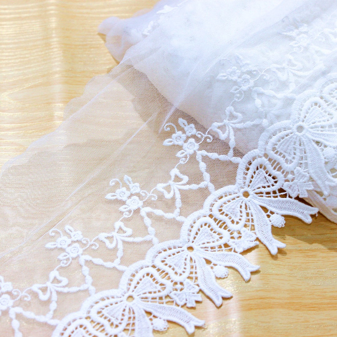 Ivory Embroidered Lace Trim: 5 Yard Gauze Tulle Ribbon (6.3