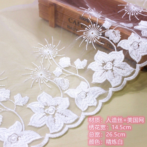 Mesh Lace Trim 5 Yard Ivory Gauze Tulle Flower Rayon Embroidery