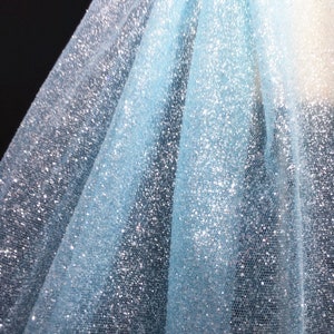 Mesh Tulle Sequined Fabric 2 Meters Glitter Powder Sparkling Light Blue Gauze Wedding Dress Net Yarn Sewing Material 150cm 57&quot; Wide M38C5