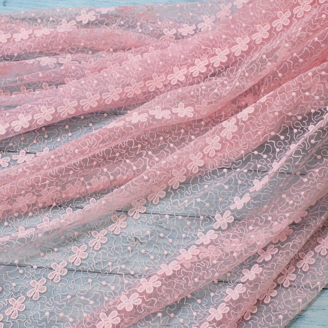 Pink Mesh Fabric 1 Yard Soft Gauze Tulle 3D Flower Full Embroidered