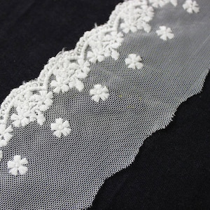 May include: White lace trim with a delicate floral pattern. The lace is on a black background.