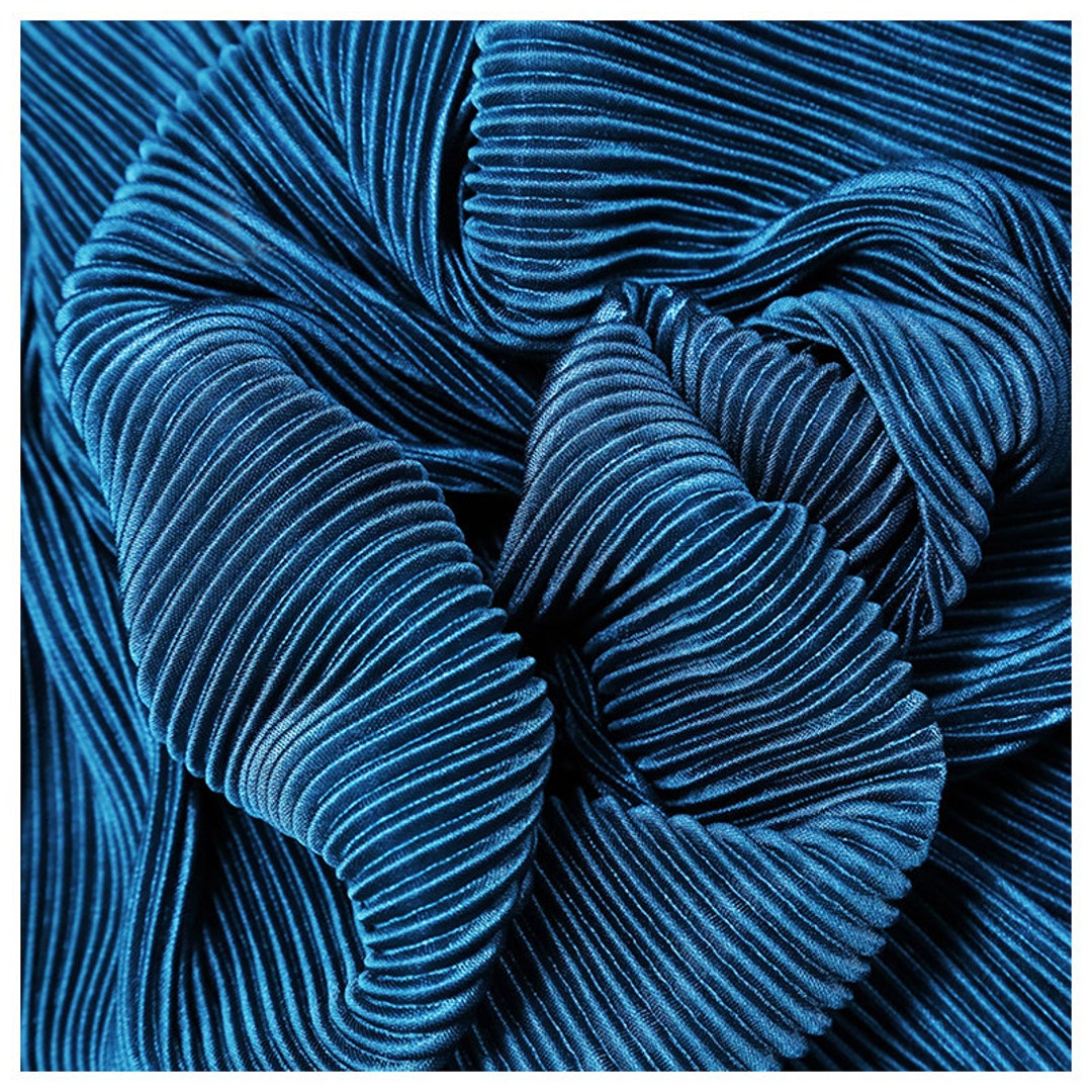 Blue Pleated Fabric Stretch Fabric Line Texture Elastic Fine Stripe Designer Fabric for Dress