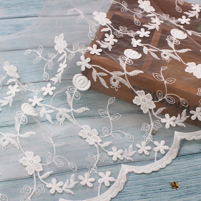 Ivory Lace Trim 5 yard Gauze Tulle Mesh Embroidery Ribbon Tapes Fabric Wedding Dress Clothing Sewing Materials 10.2inch wide M4F84