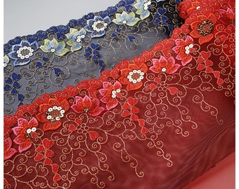 Red Blue Lace Trims 5 Meter Mesh Tulle Flower Sequin Embroidery Lace Trimmings Ribbons Fabric for Dress DIY Sewing Craft 19-26cm Wide L11F74