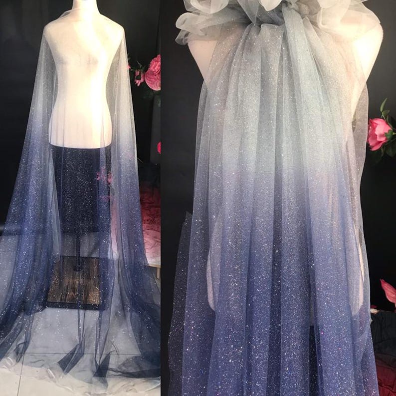1 Meter Multicolor Farbverlauf Glitter Tüll Stoff Sternen Mesh Pailletten Gaze Tuch für Hochzeit Leistung Kleid Kleidung Designer Stoff G dark blue gradient