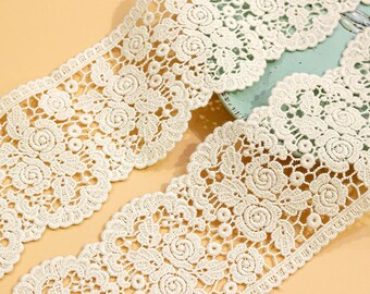 Cotton Lace Trim 5 Yard Beige Water-Soluble Ribbon Tapes Dress Clothing Sewing Fabric 7.5cm 2.9" Wide M4F127