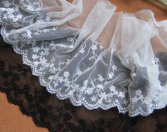Lace Trim 10 Yards Black Cotton Tulle Gauze Mesh Embroidered Tapes Ribbon Sewing Fabric 16cm 6.29&quot; Wide M25C33