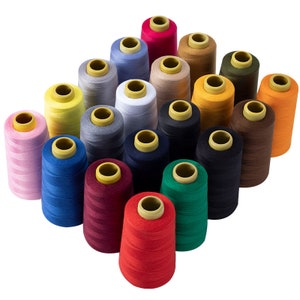 May include: A collection of 25 spools of thread in various colors, including red, blue, green, yellow, brown, black, white, and gray. The spools are arranged in a triangular pattern.