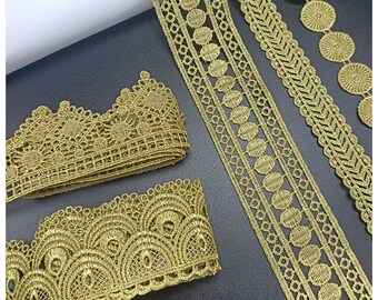 thumbnail image 2 of 20 Yards Golden Lace Ribbon Trim 0.35\" Wide Embroidery Lace Trim Ribbon Metallic Lace Trim Vintage Crochet Lace Ribbon Wedding Bridal Dress Costume Je 2 of 12