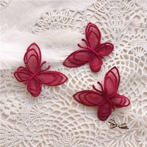 Wine Red Appliques15pcs Butterfly  Organza Embroidery Lace Patches Clothes Dress Jacket Decoration 3.8x6cm L14C39