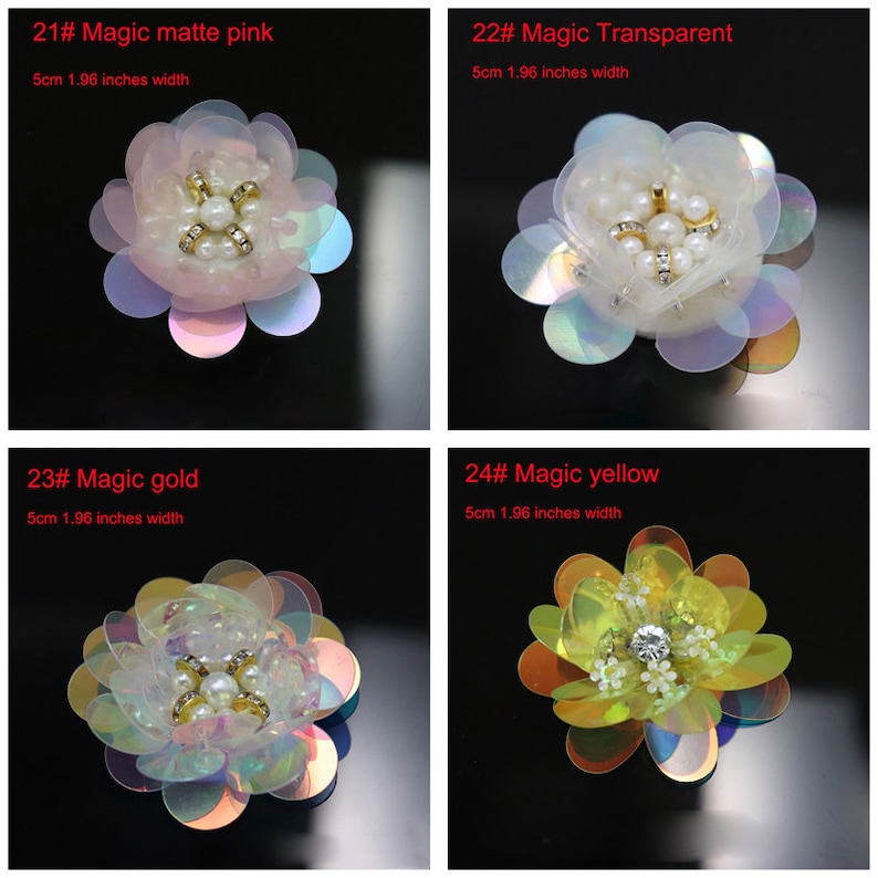 May include: Four flower-shaped embellishments with sequin petals and central bead accents. Each piece measures 1.96 inches in width. The set includes 21# Magic matte pink, 22# Magic Transparent, 23# Magic gold, and 24# Magic yellow variations.
