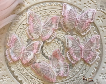 20pcs 4.5*5.5cm  pink organza butterfly embroidery lace appliques patches L14Q187