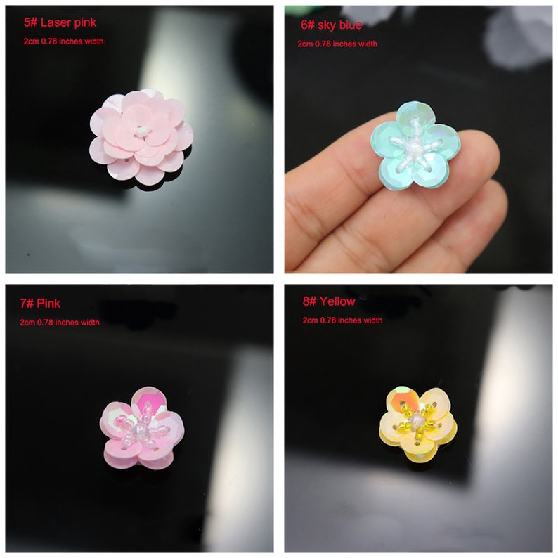 May include: Four flower-shaped sequin embellishments in laser pink, sky blue, pink, and yellow. Each piece measures 2 cm or 0.78 inches in width and features a central cluster of small beads surrounded by five rounded, iridescent sequin petals.