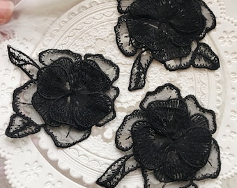 10pcs  black 3D floral flower organza embroidery lace appliques patches 6.5*8cm L14Q175