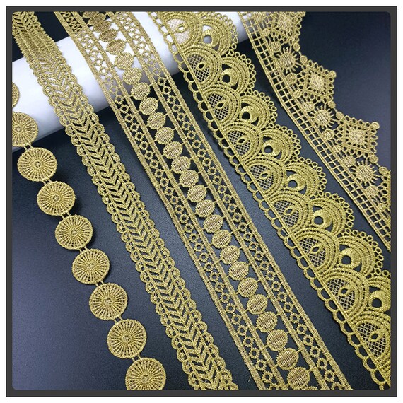 thumbnail image 2 of 20 Yards Golden Lace Ribbon Trim 0.35\" Wide Embroidery Lace Trim Ribbon Metallic Lace Trim Vintage Crochet Lace Ribbon Wedding Bridal Dress Costume Je 2 of 12